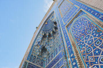 Bottom view of the arch with oriental patterns in Amir Temur Mausoleum Gur-i Amir Сomplex
