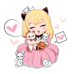 Cute cartoon anime girl with little kittens. Vector illustration print for t-shirt