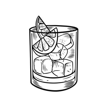 recommend clip art: Hand drawn black color outline cocktail glass with lemon slice and ice cubes.