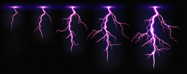 Animation sprite sheet of thunderbolt strike. Purple lightning, electric power impact, thunderstorm energy discharge isolated on transparent background, vector realistic set - obrazy, fototapety, plakaty