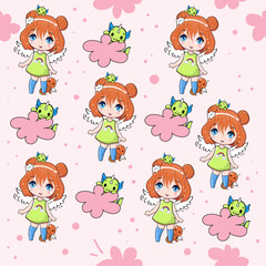 Cute cartoon funny dragons and little anime princess seamless pattern. Kawaii style. Vector illustration print for children t-shirt