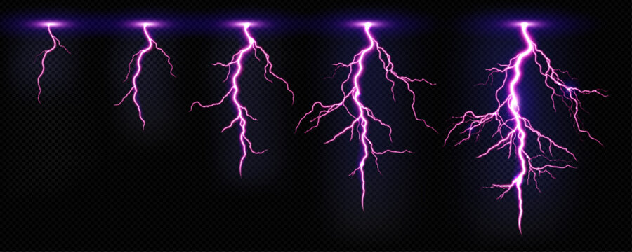 Animation sprite sheet of thunderbolt strike. Purple lightning, electric power impact, thunderstorm energy discharge isolated on transparent background, vector realistic set