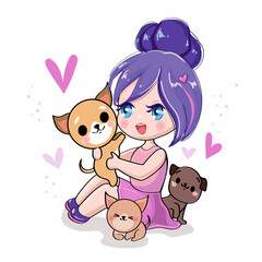 Cute cartoon girl in anime style with kawaii dogs. Vector illustration t-shirt print on a white background