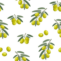 Vector seamless pattern of olive branches with leaves and individual berries. Vegetable pattern in a flat style on a white background. Perfect for print, wrapping paper, wallpaper, fabric.