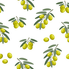 Obraz premium Vector seamless pattern of olive branches with leaves and individual berries. Vegetable pattern in a flat style on a white background. Perfect for print, wrapping paper, wallpaper, fabric.