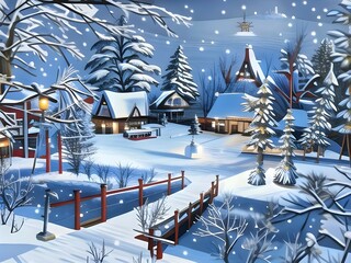 Christmas tree in the snow. Landscape Christmas. Paintings of villagers' houses in winter.