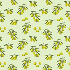 Vector seamless pattern of olive branches with leaves and individual berries. Vegetable pattern in a flat style on a blue background. Ideal for print, wrapping paper, wallpaper, fabric.