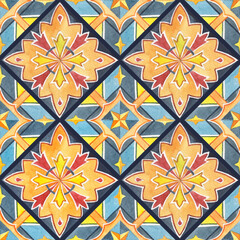Watercolor seamless pattern with ethnic tiles in Talavera style. Ornament for Portuguese, Italian, Mexican, Azulejos and oriental interiors. Art for printing on ceramic tiles, fabric or paper