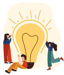 Search for a brilliant idea, startup. A light bulb as a symbol of starting your business and achieving your goals. The team is looking for business ideas, brainstorming. Vector illustration. 