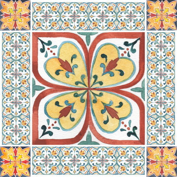 Morrocan Tiles Pattern, Italian Tiles Wallpaper, Vintage watercolor Flooring, Mediterranean Home Decoration, Arabian Style Ornaments, Architecture Patchwork, Interior and Exterior ceramic Surface