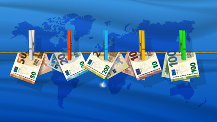 Naklejka premium Vector curved EU banknotes hang on a rope with clothespins against the backdrop of a wavy world map. Bills in denominations of 10, 20, 50, 100 euros to dry after washing. Anti-laundering banner.