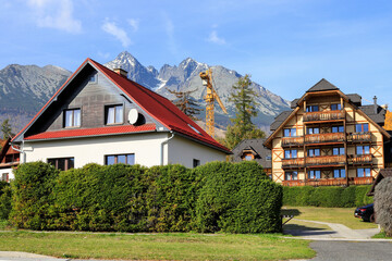 TATRANSKA LOMNICA, SLOVAKIA - OCROBER 17, 2022: Hotels and restaurants for tourists in a holiday city in the Tatras.