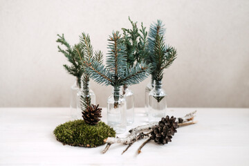 Sustainable green eco-friendly Christmas. Natural DIY Christmas materials for crafts decor, fir branches, cones, wooden sticks