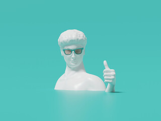 3d render of sunglasses on human sculpture with hand gesture isolated on green, thumb up. - 553146389
