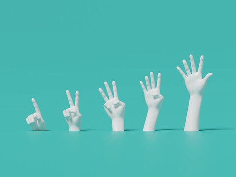 3d render of hand gesture, counting number from one to five.