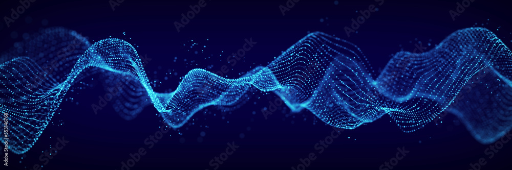 Poster 3D digital dynamic wave. Flow digital structure. Secure cybersecurity data connection. Cyber technology background. 3D rendering.