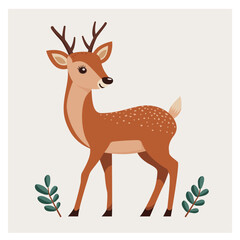 Cute deer with small antlers. Vector illustration in cartoon style for children's fairy tales and stories. Beautiful christmas fawn standing sideways.