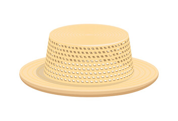 Classic woven summer men hat to protect head from sun. Headwear made from natural materials. Mesh men panama. Cartoon vector isolated on white background