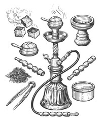 Oriental smoking hookah and set of accessories. Hand drawn nargile, shisha sketch isolated. Vintage illustration