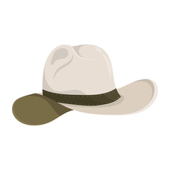 Light colored cowboy hat with folded brim. American cowboy headdress or wild west shooter, farmer clothing. Cartoon Vector isolated on white background
