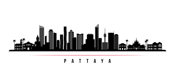 Pattaya skyline horizontal banner. Black and white silhouette of Pattaya, Thailand. Vector template for your design. - obrazy, fototapety, plakaty