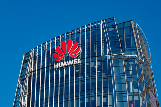 Huawei is Chinese multinational telecommunication technology company. Huawei logo on modern glass facade skyscaper wall in Vilnius, Lithuania - SEP 23, 2019. 