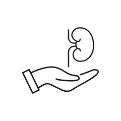 Human kidney on hand line icon. Rescue, treatment, disease prevention symbol