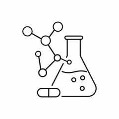 Pharmaceutical engineering linear icon. Chemical engineering. Flask, molecule, capsules. Pharmacology. Thin line illustration - obrazy, fototapety, plakaty