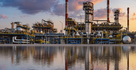 Modern oil refinery and its reflection in water