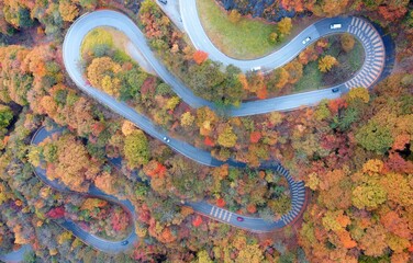 Top view over Irohazaka (いろは坂, a scenic mountain highway connecting Lake Chuzenji to Nikko City, in Tochigi Prefecture, Japan) with multiple hairpin turns winding through colorful autumn forests