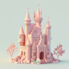 summer vacation concept, 3d sand castle with towers, fort, gates and flags isolated on pink background. 3d render illustration, clipping path, ai