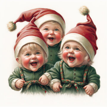 illustration of three happy santa helpers, digital art