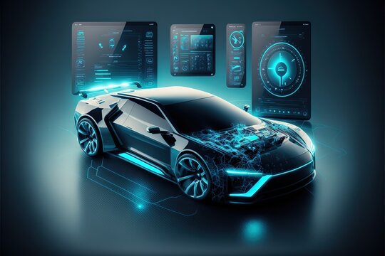 Electric Vehicle with Self-Driving. Future Car Software Technology.Self-Driving Car, Autonomous Vehicle, Driverless Car, Robo-Car, 3D illustration, 3D rendering, ai
