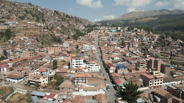 Lowering aerial view of Cuzco, Peru.