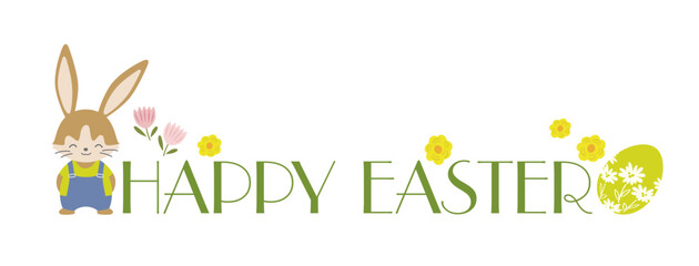 Happy Easter Vector Colorful Symbol Logo With A Cartoonish Easter Bunny And An Egg Isolated On A White Background. 