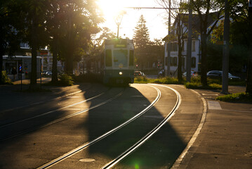 Scenic view of tramway and tram at Schwamendingen Square at City of Zürich on a sunny late summer morning. Photo taken September 22nd, 2022, Zurich, Switzerland.