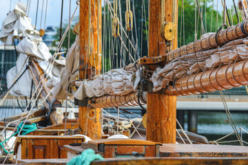 Sailing ship wooden mast with ropes