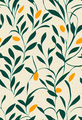 Seamless pattern with green leaves and yellow fruits on light background, botanical illustration created with generative AI technology.