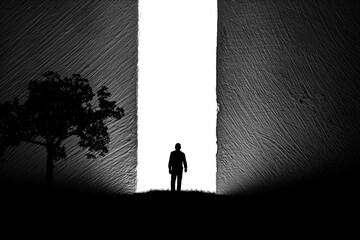 A silhouette of a man in nature next to a tree, walking towards a bright light in the opened huge wall. A light in the end of a tunnel. The concept of success, freedom, choice, open mind, meditation.
