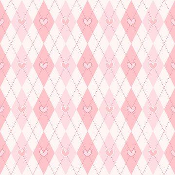 Pink heart tile pattern or textures set on harlequin check vector background, Digital paper for background desktop, phone wallpaper, printable to fabric, card, packaging and more