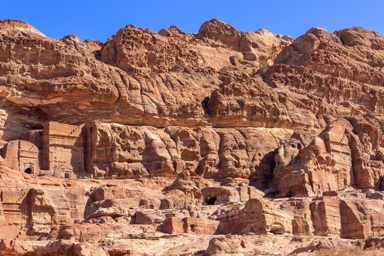 Facades Street caves in the ancient city of Petra City, Jordan Petra, famous historical and archaeological site