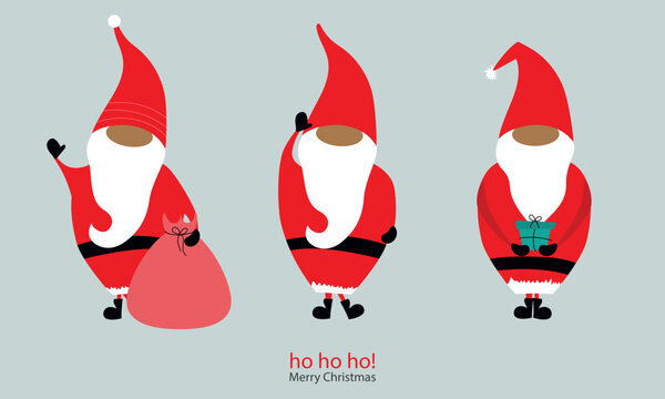 Set of Santa Claus characters in cartoon style and flat design. Cute and trendy Santas or elfs in different poses with gift box and sack of presents. With Ho ho ho! text and Merry Christmas greeting