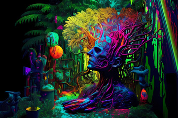 Obraz na płótnie Canvas Fluorescent Dreamy Mystical colorful glowing fantasy world Imagination of start of mind