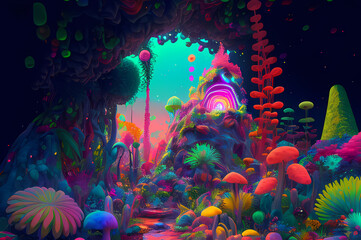 Fluorescent Dreamy Mystical colorful glowing fantasy world Imagination of start of mind