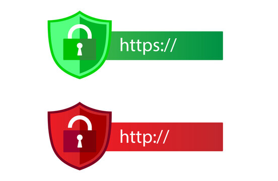 HTTP and HTTPS protocols on shield. Safe and secure, HTTPS. Secured SSL shield and padlock symbols.