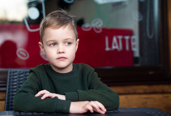 The boy sits at the table and looks away. The light-haired boy is 6 years old. He is wearing a green sweater. The photo is blurred