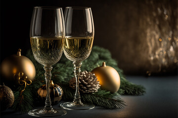 Christmas and celebration with champagne. New Year holiday decorated table AI generated