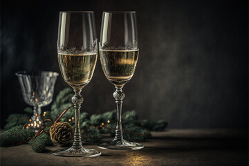 Christmas and celebration with champagne. New Year holiday decorated table AI generated