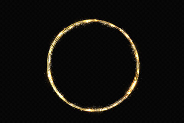 Abstract sparkling golden frame light effect on transparent background. Spark with ring glossy line.