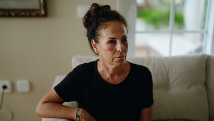 Middle age hispanic woman suffering for domestic violence with bruise on eyes at home